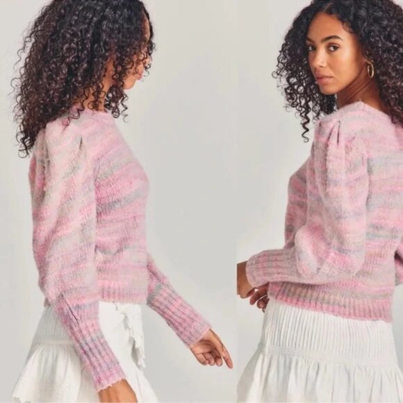 LoveShackFancy Aquarius Pullover Knit Sweater Crew Neck Long Puff Sleeve Pink M - Picture 12 of 13